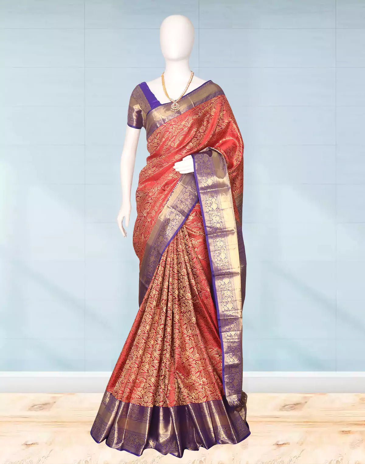 Image of Dark Pink Kanchi Bridal Silk Saree with Floral Golden Zari - South India Shopping Mall