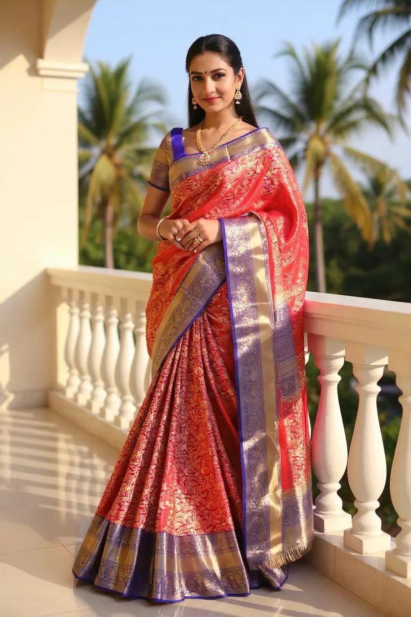 Image of Dark Pink Kanchi Bridal Silk Saree with Floral Golden Zari - South India Shopping Mall
