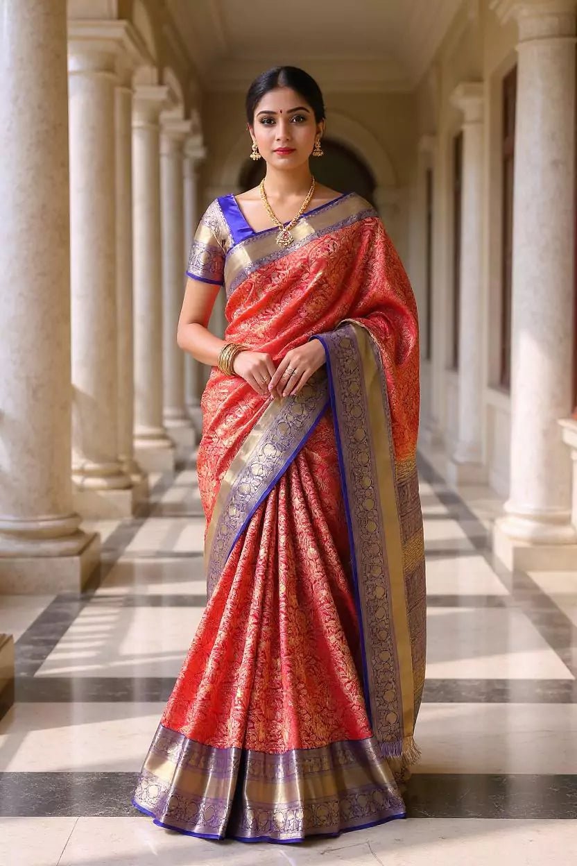 Image of Dark Pink Kanchi Bridal Silk Saree with Floral Golden Zari - South India Shopping Mall
