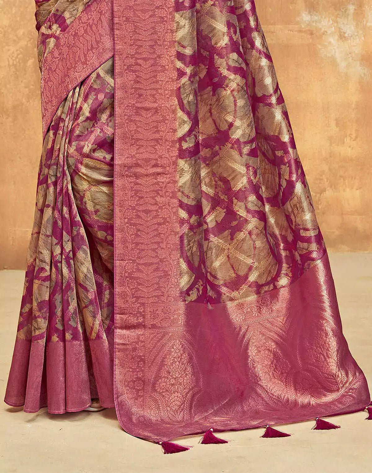 Image of Dark Pink Organza Saree With Tussels - South India Shopping Mall