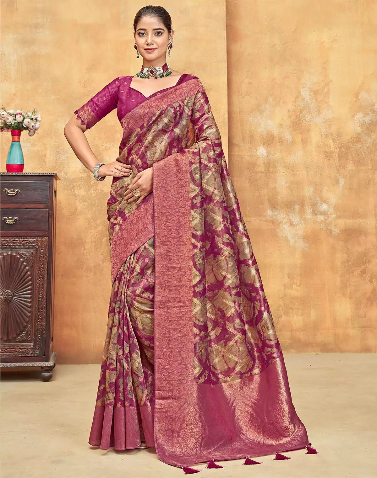 Image of Dark Pink Organza Saree With Tussels - South India Shopping Mall