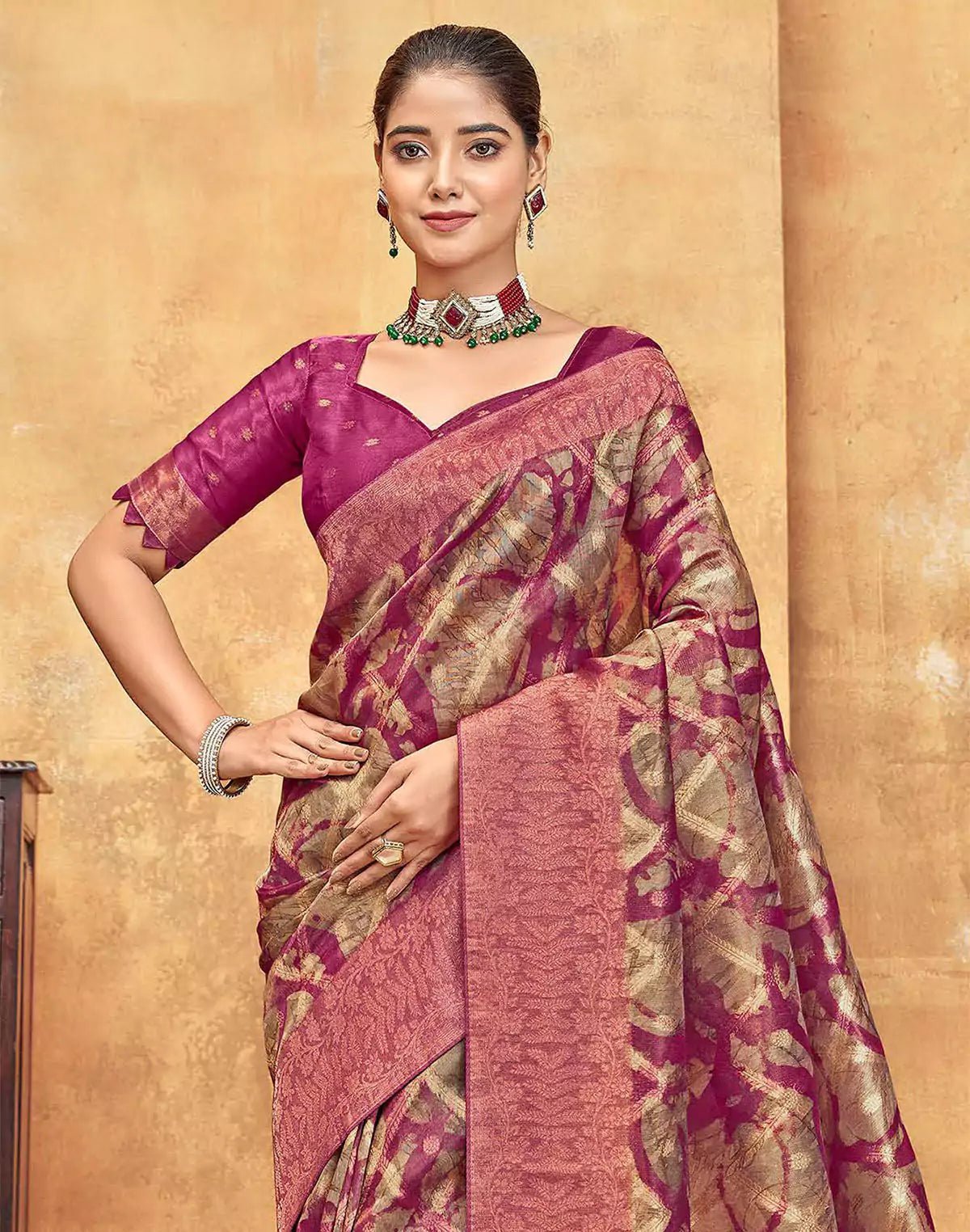 Image of Dark Pink Organza Saree With Tussels - South India Shopping Mall