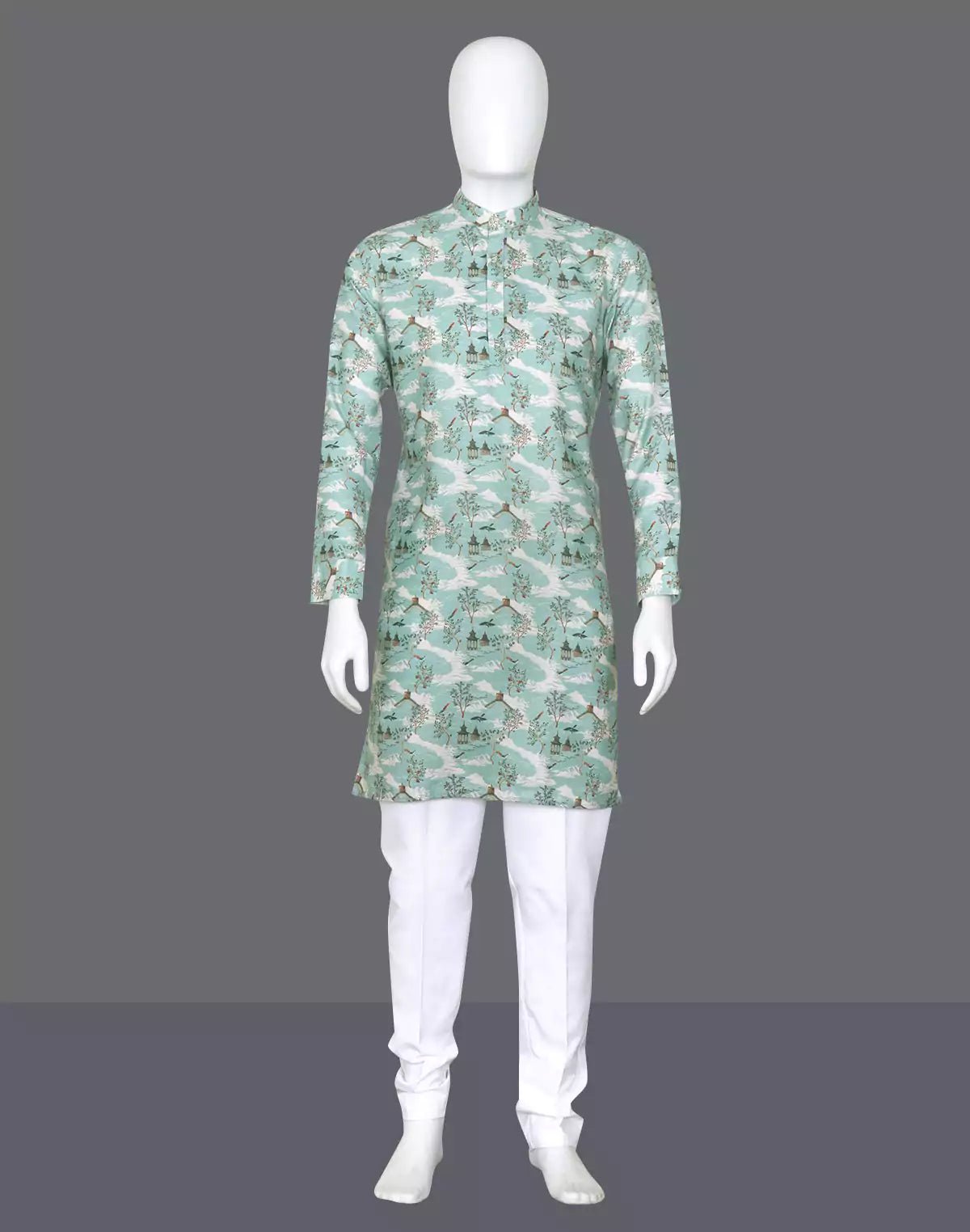Image of Dark Pista Elegance Birds Patterned Cotton Printed Kurta - South India Shopping Mall