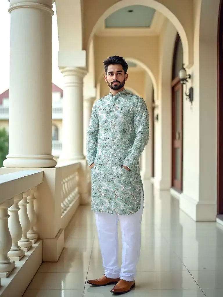 Image of Dark Pista Elegance Birds Patterned Cotton Printed Kurta - South India Shopping Mall