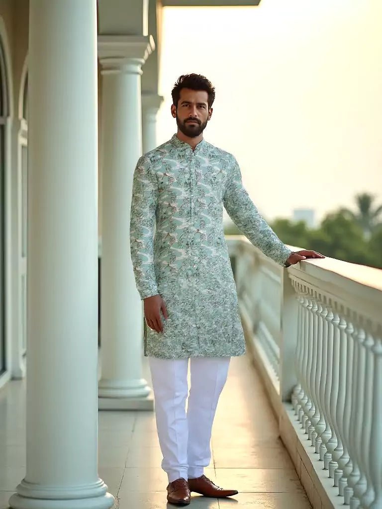 Image of Dark Pista Elegance Birds Patterned Cotton Printed Kurta - South India Shopping Mall