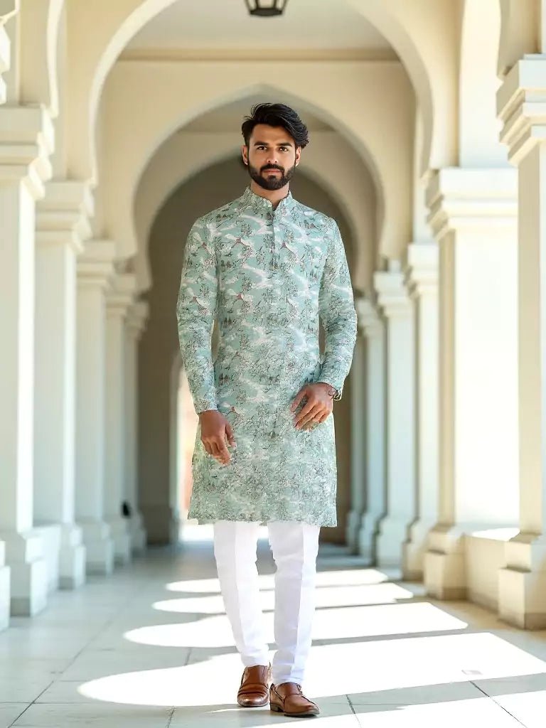 Image of Dark Pista Elegance Birds Patterned Cotton Printed Kurta - South India Shopping Mall