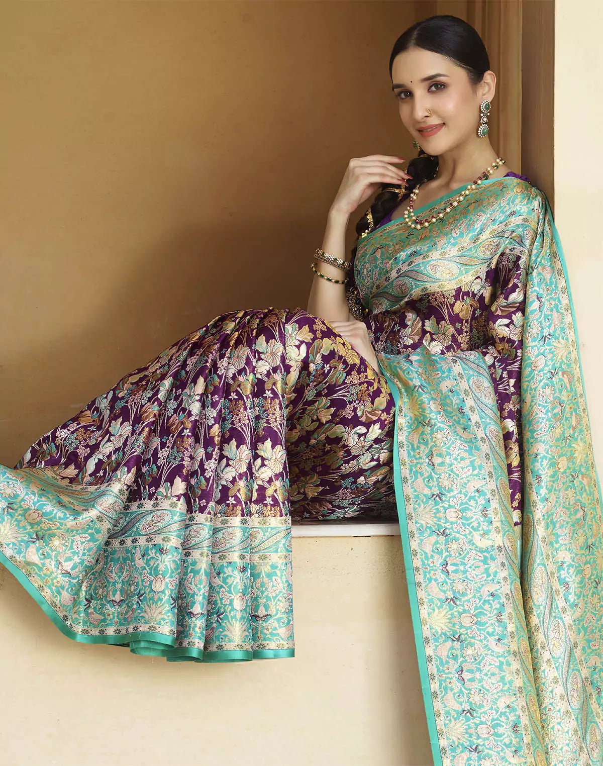 Image of Dark Purple Floral Kanchipuram Pure Silk Saree With Elegant Contrast Border - South India Shopping Mall