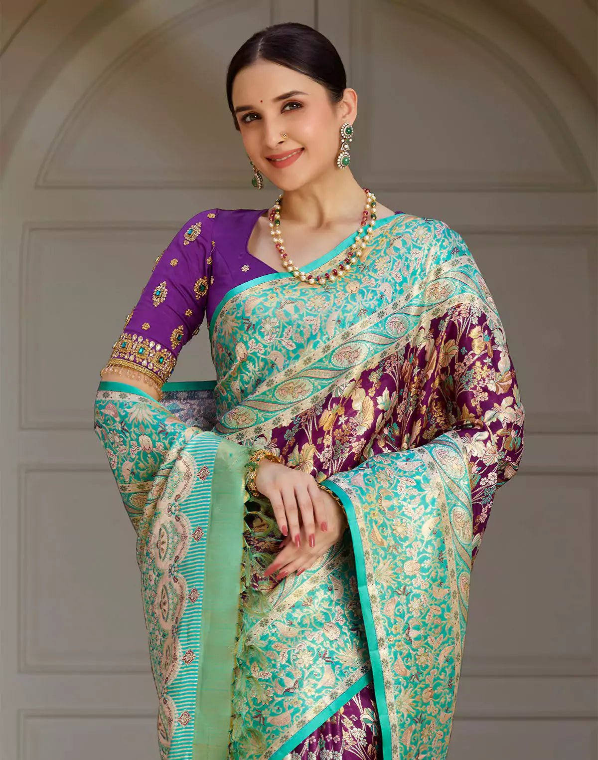 Image of Dark Purple Floral Kanchipuram Pure Silk Saree With Elegant Contrast Border - South India Shopping Mall