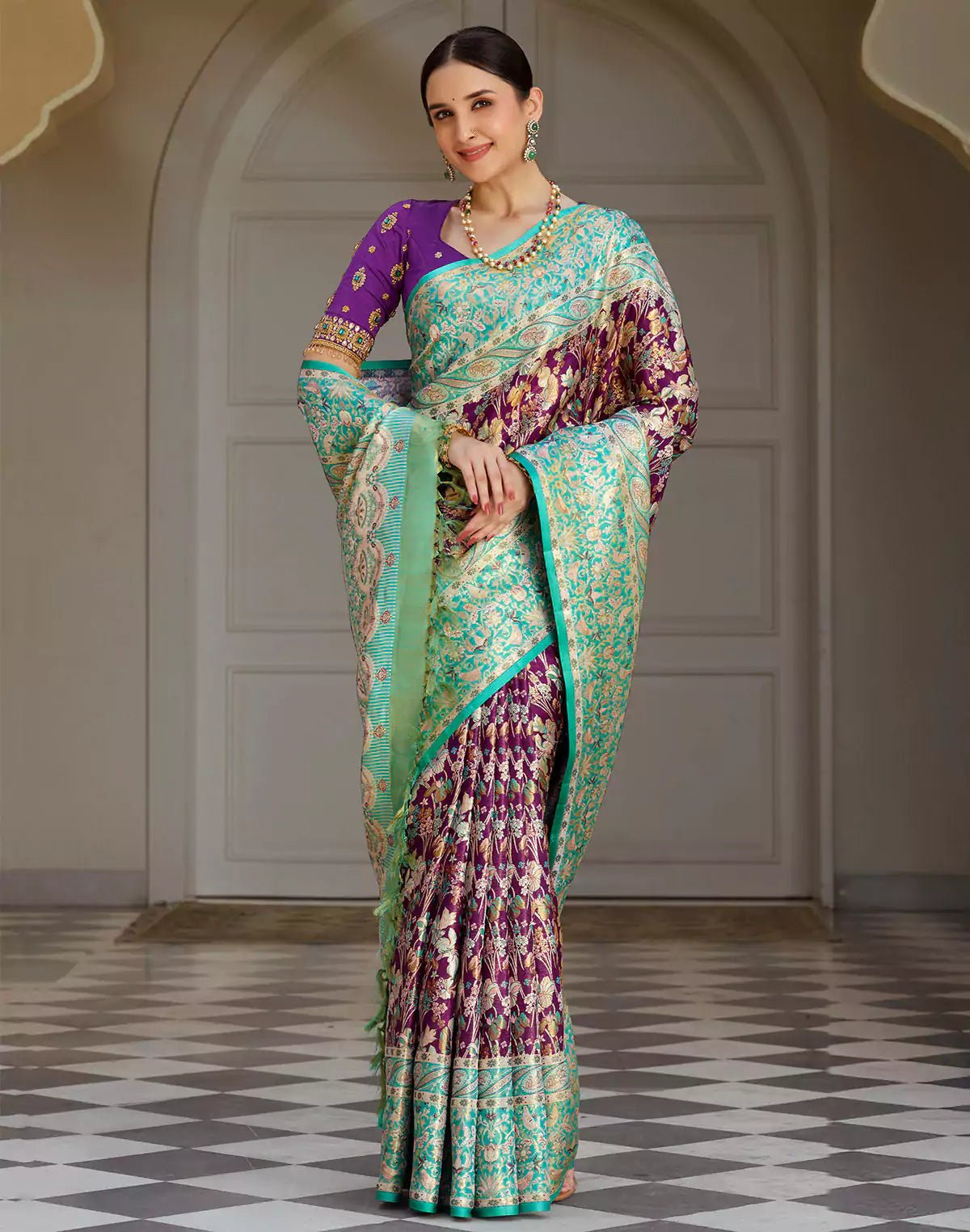 Image of Dark Purple Floral Kanchipuram Pure Silk Saree With Elegant Contrast Border - South India Shopping Mall
