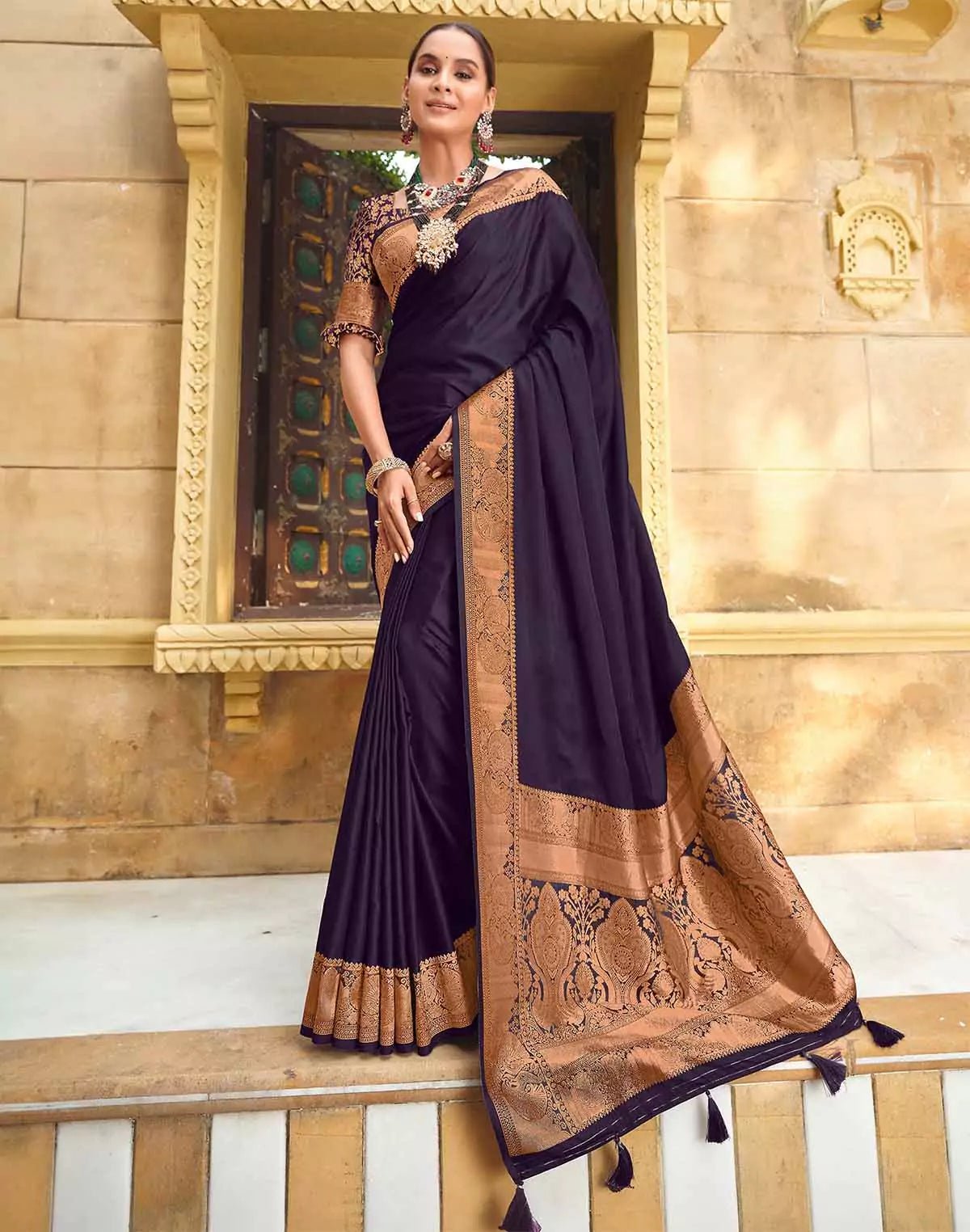 Image of Dark Purple Satin Party Wear Saree with Elegant Border - South India Shopping Mall