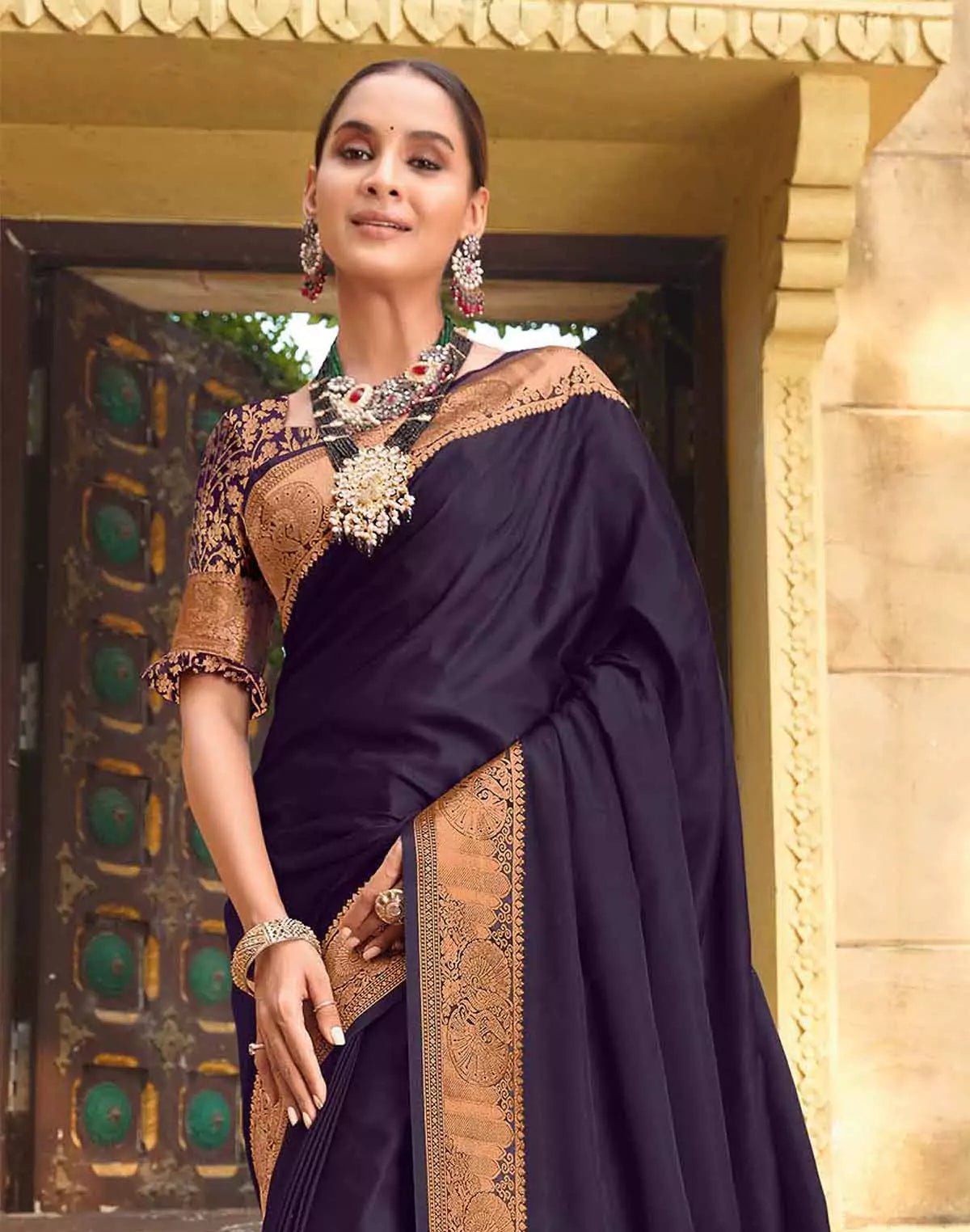 Image of Dark Purple Satin Party Wear Saree with Elegant Border - South India Shopping Mall