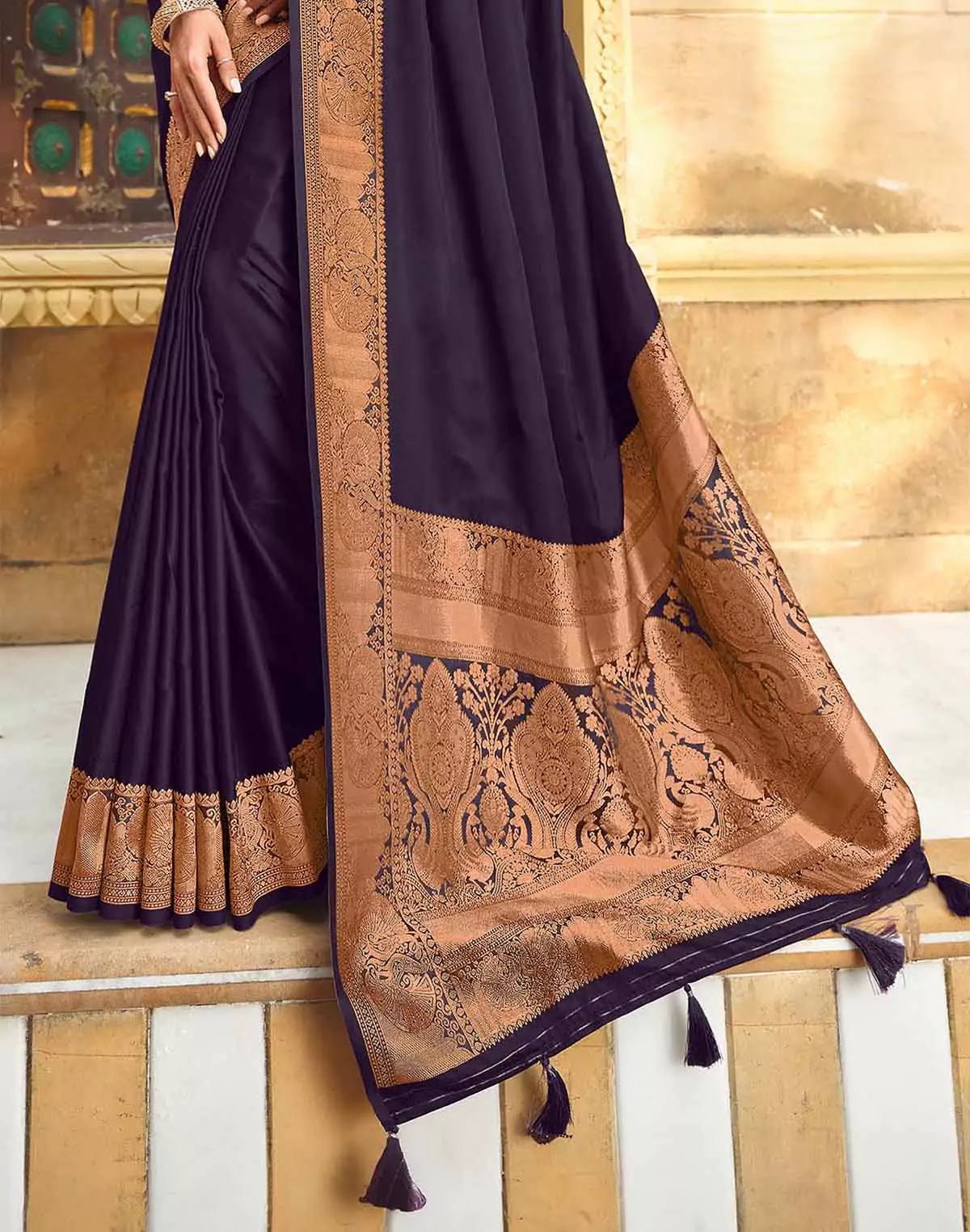 Image of Dark Purple Satin Party Wear Saree with Elegant Border - South India Shopping Mall