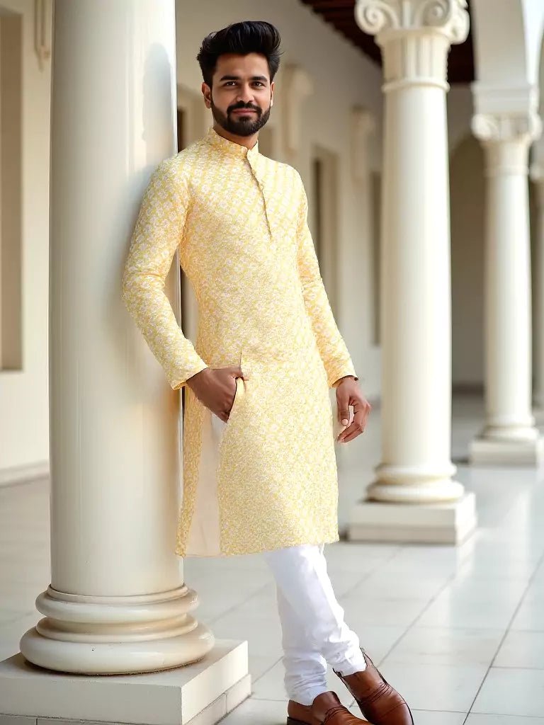 Image of Dark Yellow Ikat Printed Cotton Kurta - South India Shopping Mall