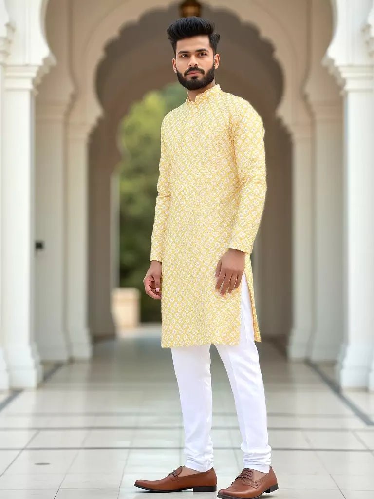 Image of Dark Yellow Ikat Printed Cotton Kurta - South India Shopping Mall