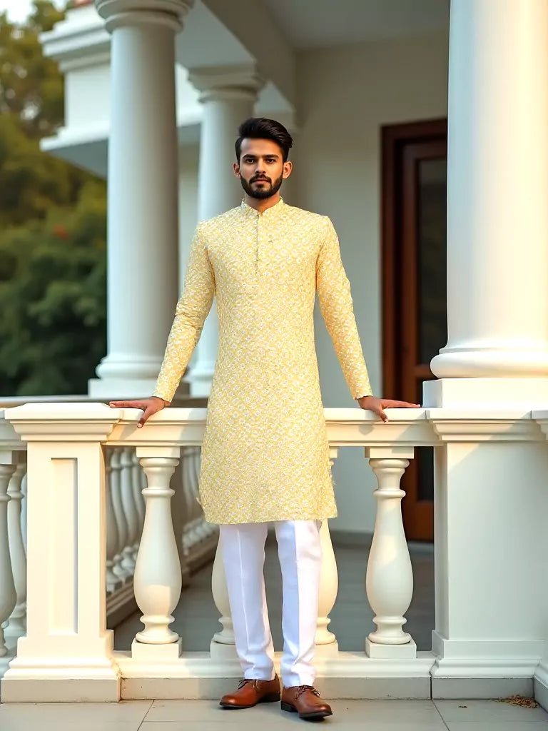 Image of Dark Yellow Ikat Printed Cotton Kurta - South India Shopping Mall