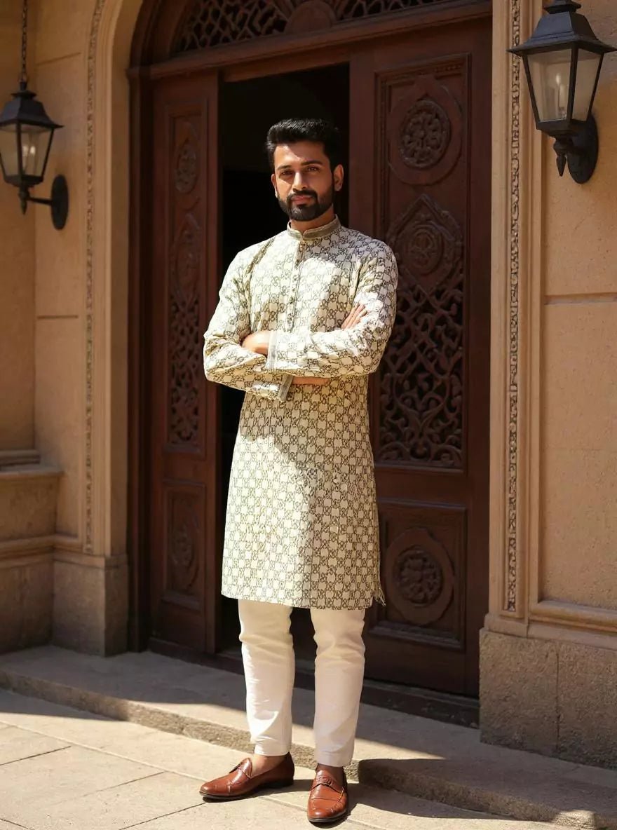 Image of Dazzling Pista Floral Print with Thread work Cotton Silk Kurta Pyjama - South India Shopping Mall