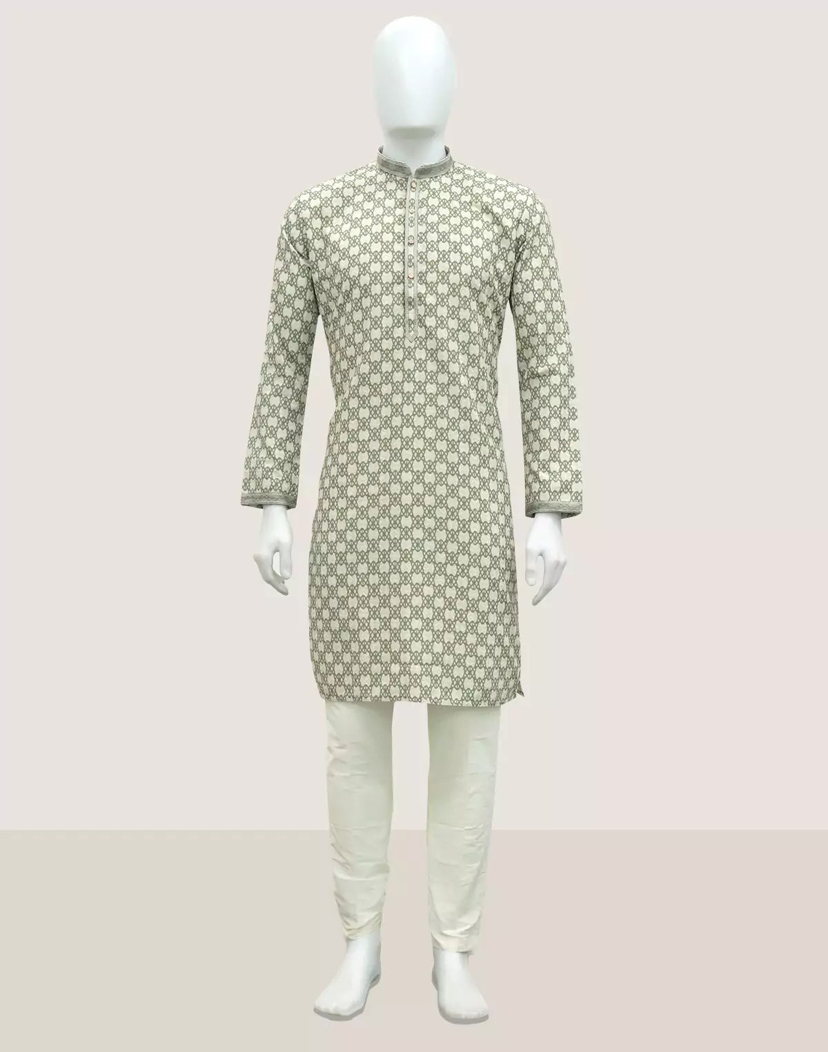 Image of Dazzling Pista Floral Print with Thread work Cotton Silk Kurta Pyjama - South India Shopping Mall