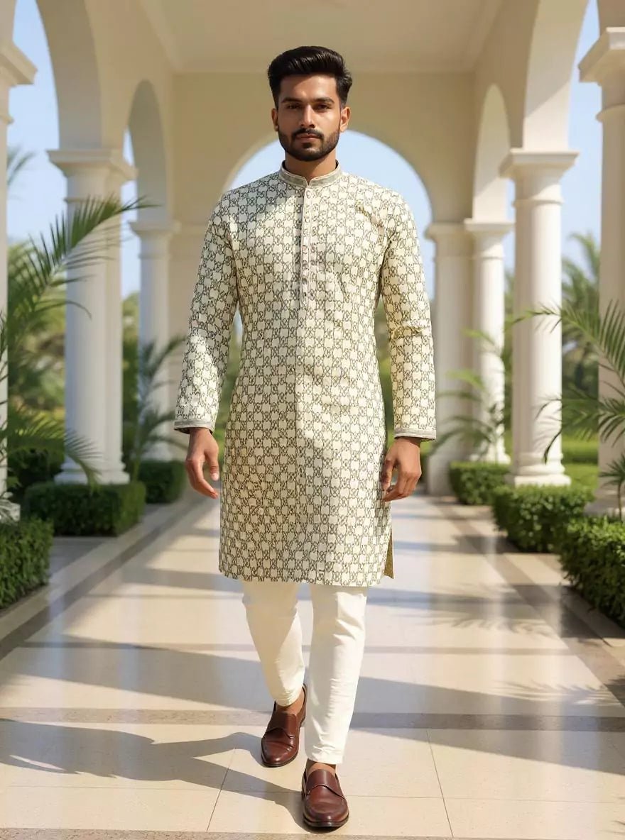 Image of Dazzling Pista Floral Print with Thread work Cotton Silk Kurta Pyjama - South India Shopping Mall