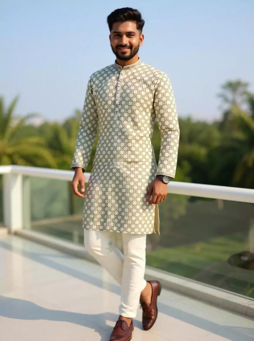 Image of Dazzling Pista Floral Print with Thread work Cotton Silk Kurta Pyjama - South India Shopping Mall