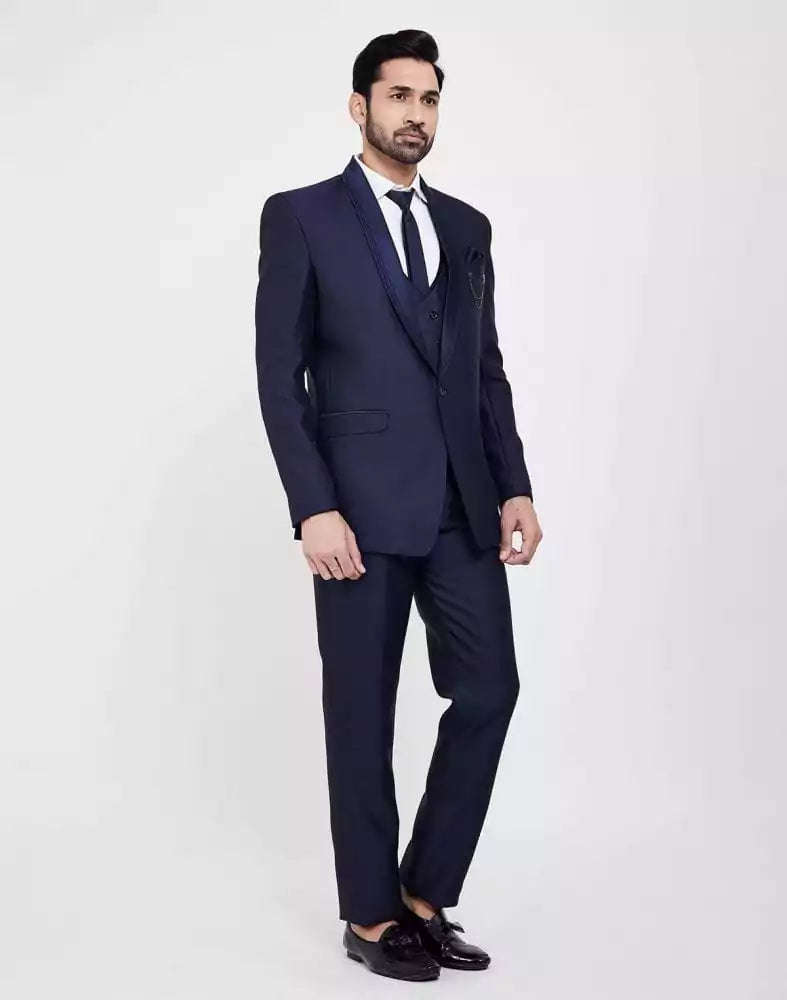 Image of Navy Blue Self Textured 5 Pc Tuxido Designer Suit