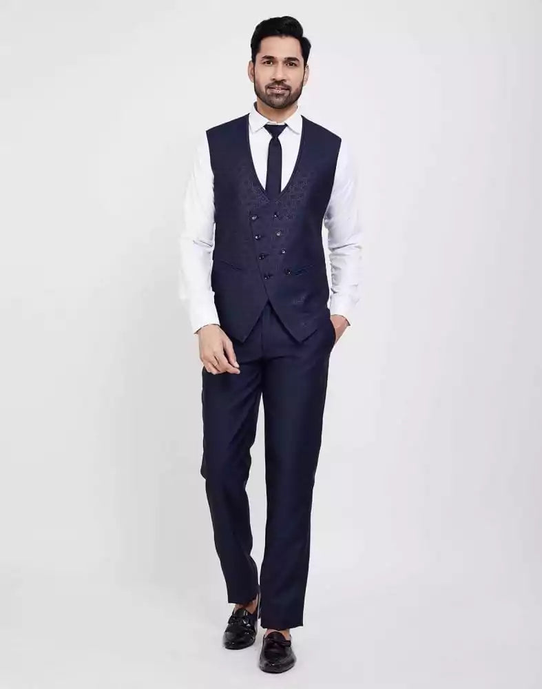 Image of Navy Blue Self Textured 5 Pc Tuxido Designer Suit