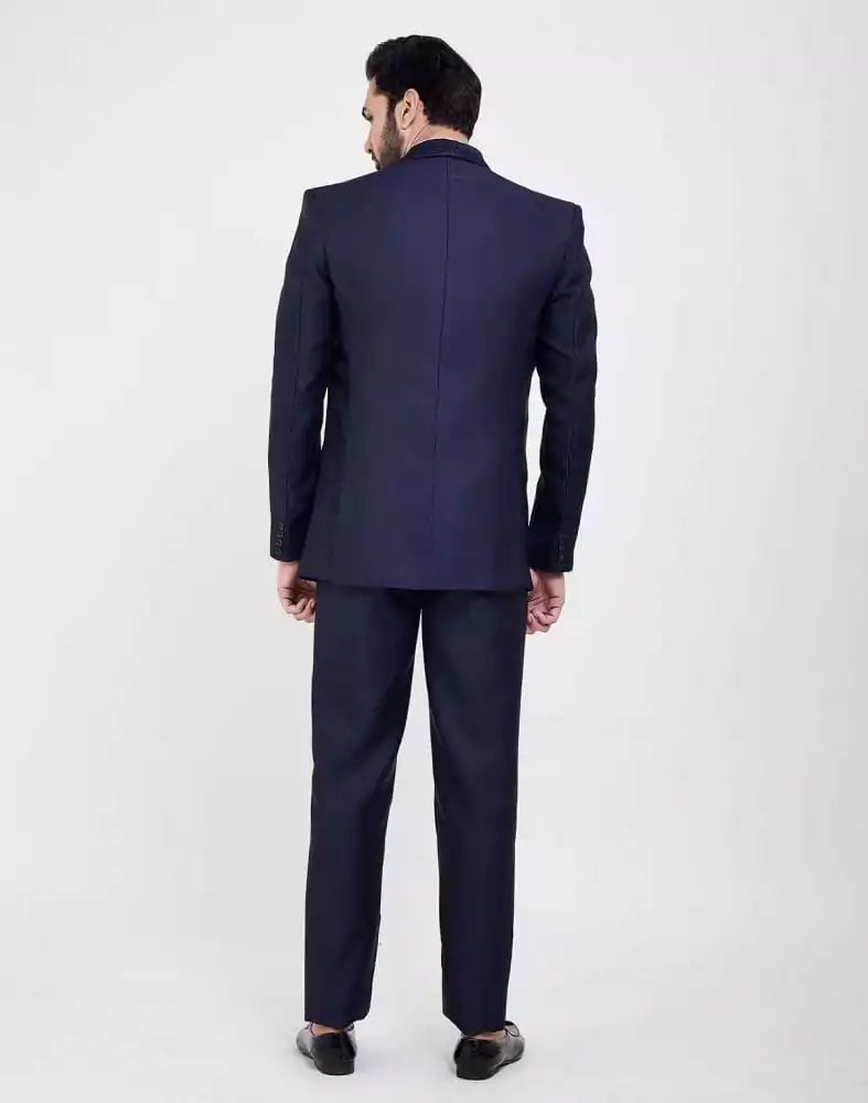 Image of Navy Blue Self Textured 5 Pc Tuxido Designer Suit