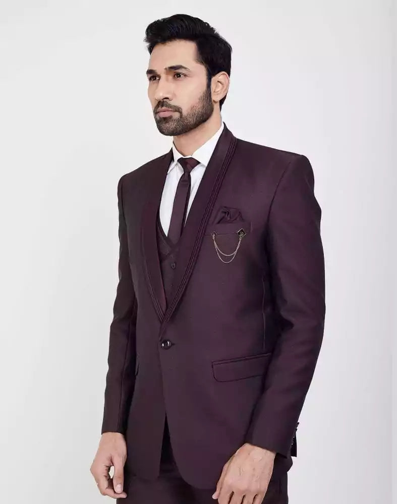 Image of Wine Self Textured 5 Pc Tuxido Designer Suit