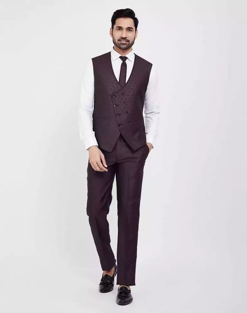 Image of Wine Self Textured 5 Pc Tuxido Designer Suit