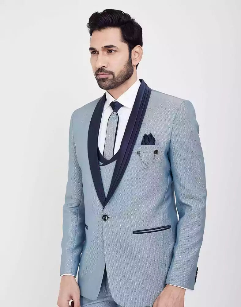 Image of Stylish Sky Blue Self Textured 5 Pc Tuxido Designer Suit