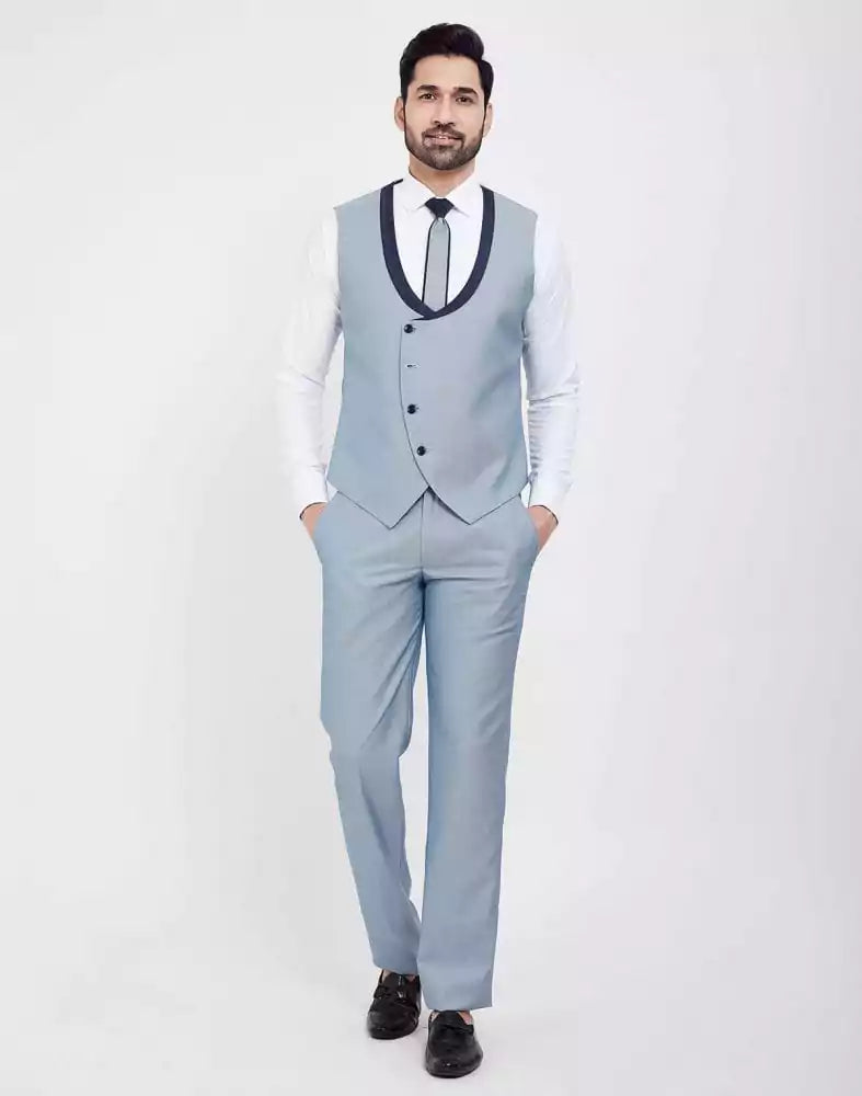 Image of Stylish Sky Blue Self Textured 5 Pc Tuxido Designer Suit