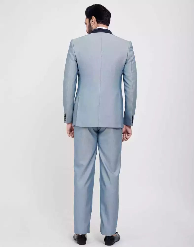 Image of Stylish Sky Blue Self Textured 5 Pc Tuxido Designer Suit