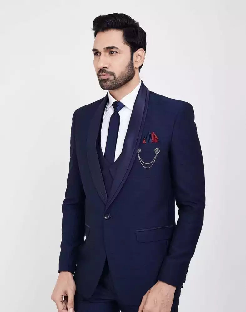 Image of Navy Blue Self Design 5 Pc Tuxido Suit