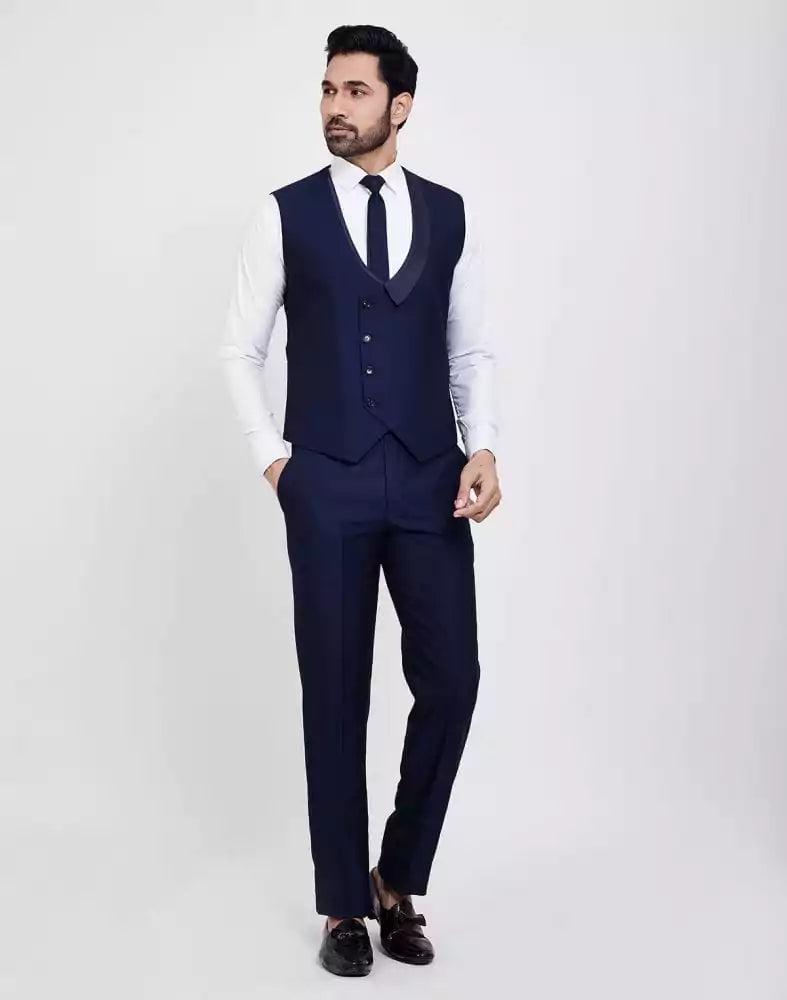 Image of Navy Blue Self Design 5 Pc Tuxido Suit