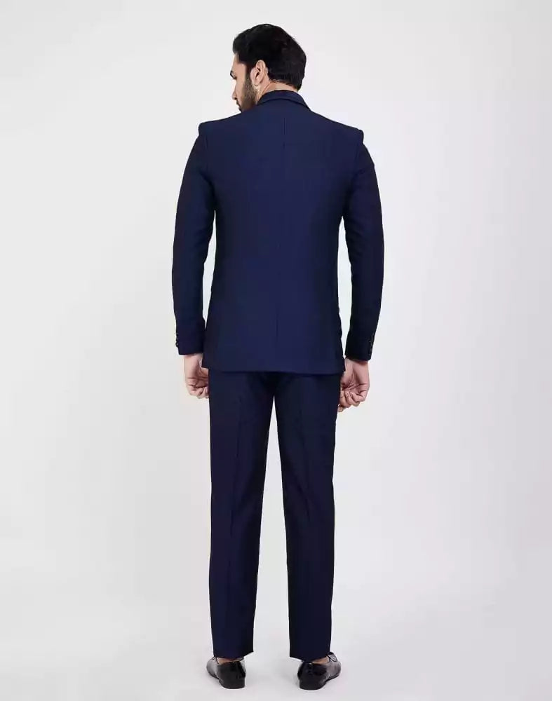 Image of Navy Blue Self Design 5 Pc Tuxido Suit