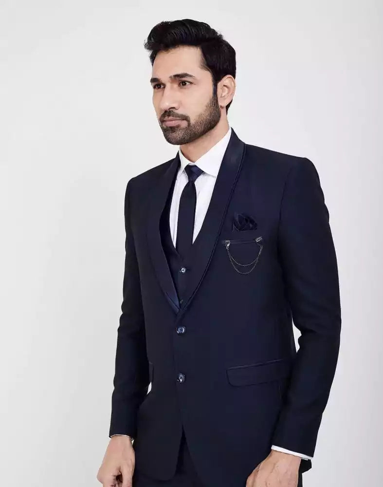 Image of Royal Blue Solid Terry Rayon 5 Pc Tuxido Designer Suit