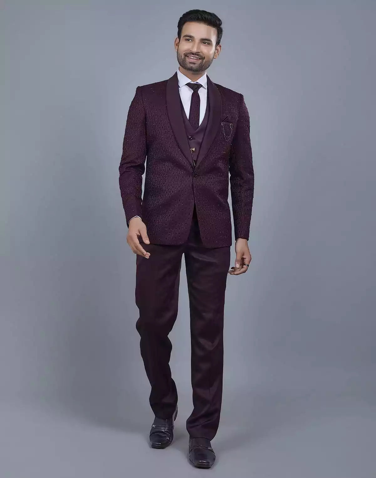 Image of Attractive Wine 5 Pc Imported Fabric Designer Suit