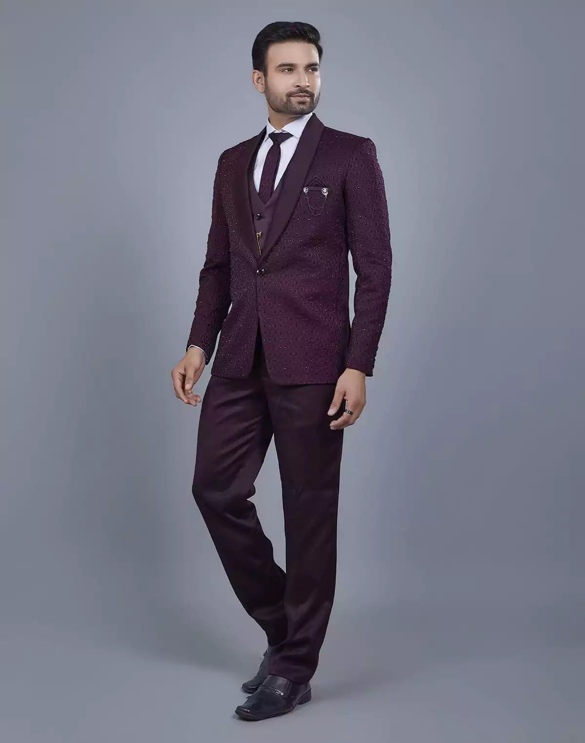 Image of Attractive Wine 5 Pc Imported Fabric Designer Suit