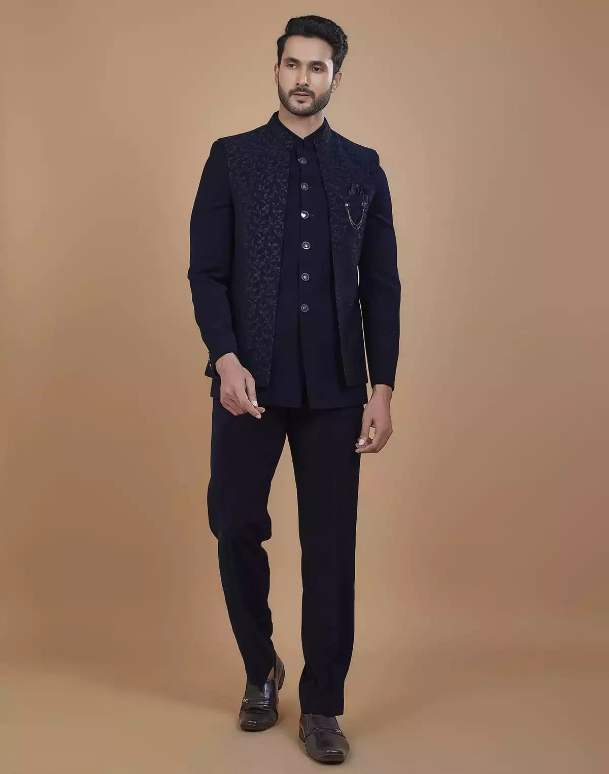 Image of Stylish Blue Coloured Polynosic Fabric with Jacket style Bandhagala Set