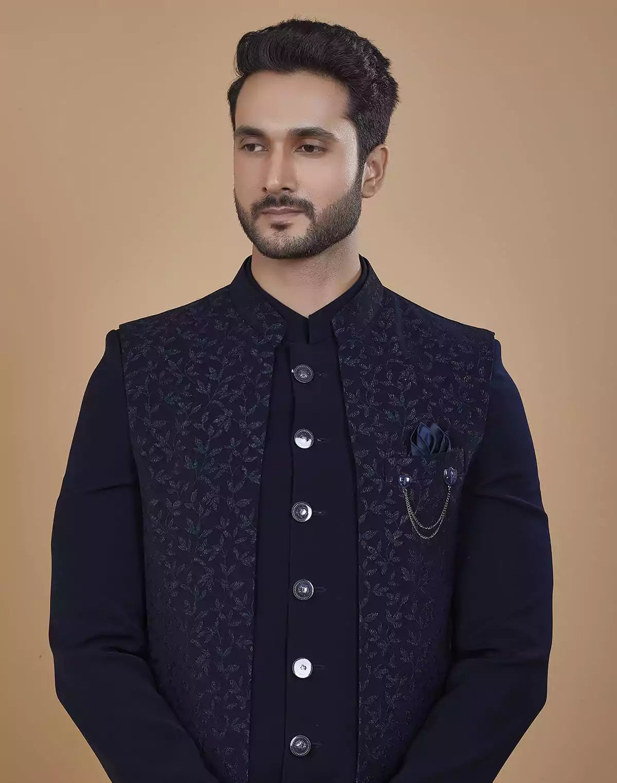 Image of Stylish Blue Coloured Polynosic Fabric with Jacket style Bandhagala Set