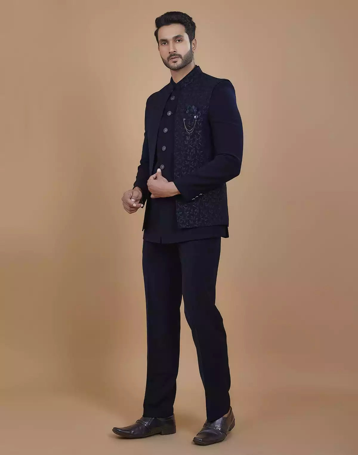 Image of Stylish Blue Coloured Polynosic Fabric with Jacket style Bandhagala Set