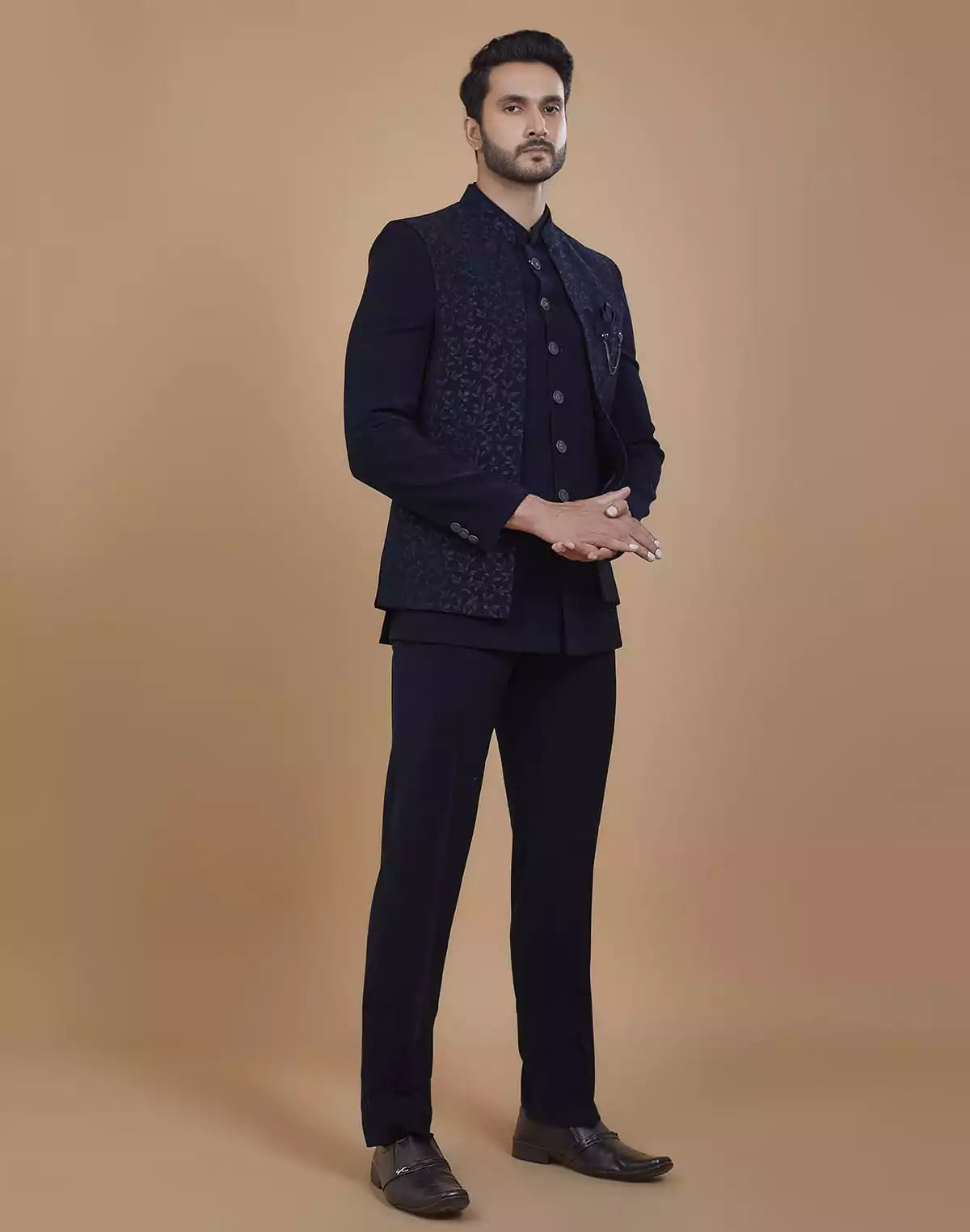 Image of Stylish Blue Coloured Polynosic Fabric with Jacket style Bandhagala Set