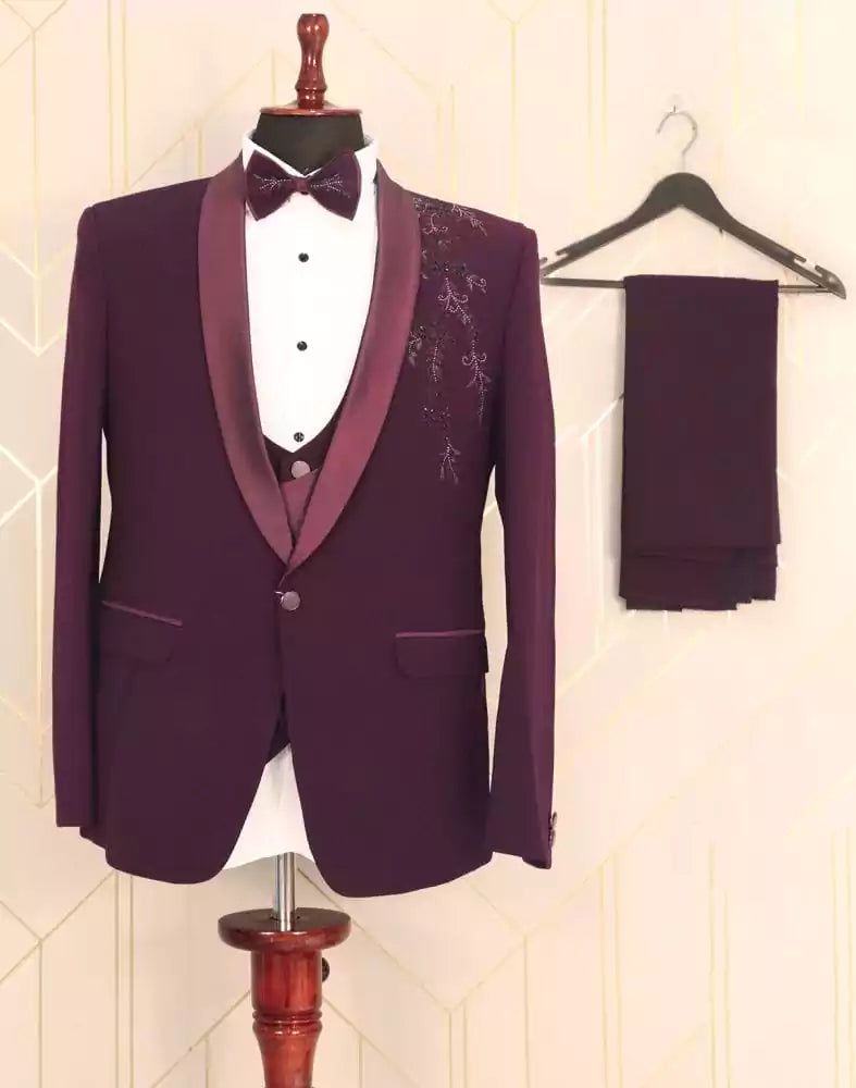 Image of Designer Maroon Plain Polynosic Beads Suit Set