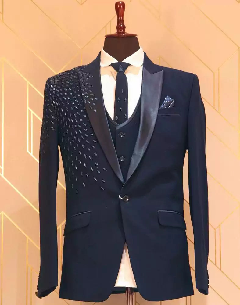 Image of Designer Elegant Navy Blue Suit Set