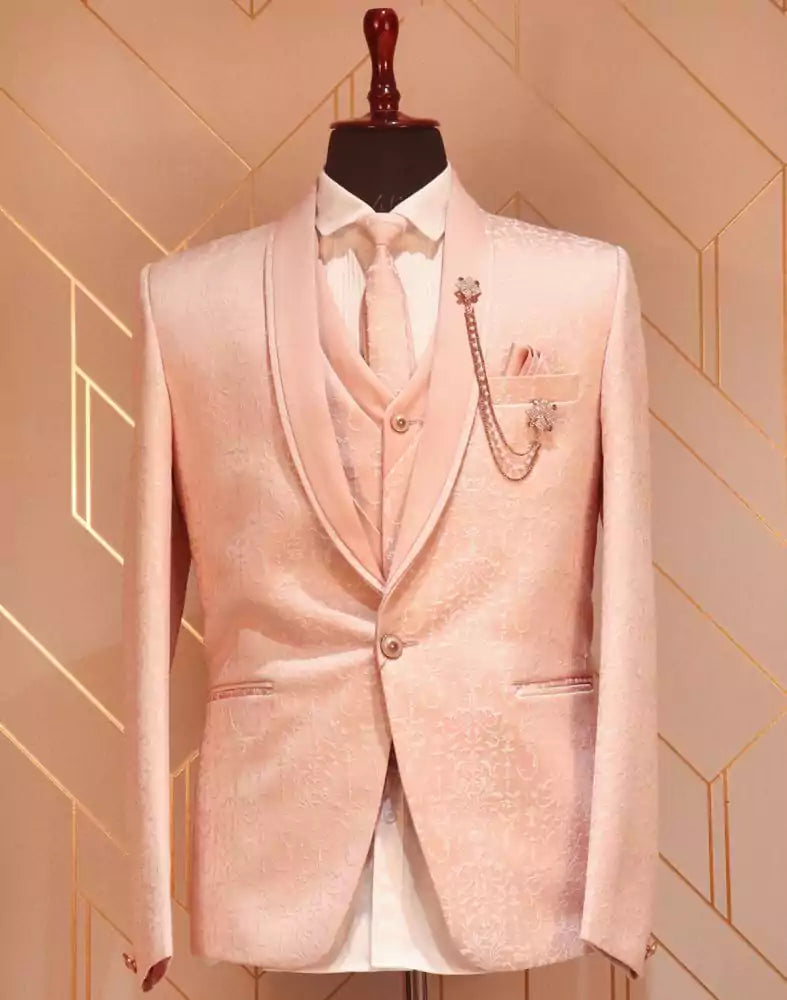 Image of Graceful Peach Self Design Weave Suit Set