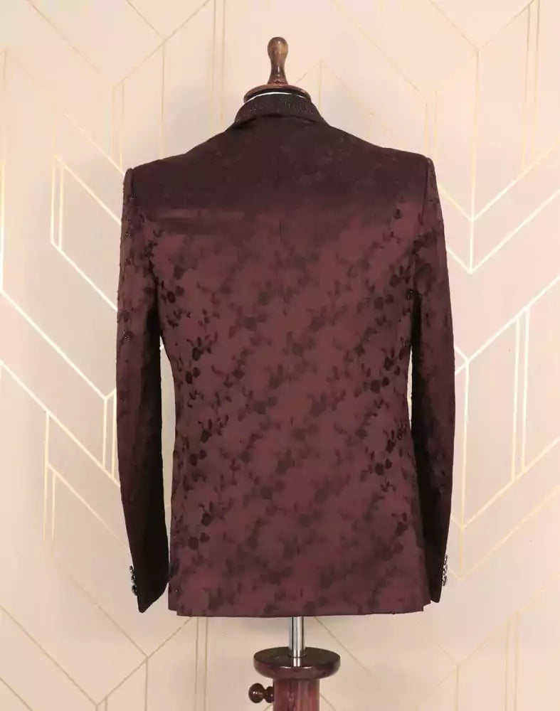 Image of Designer Maroon Floral Satin Beads Suit Set