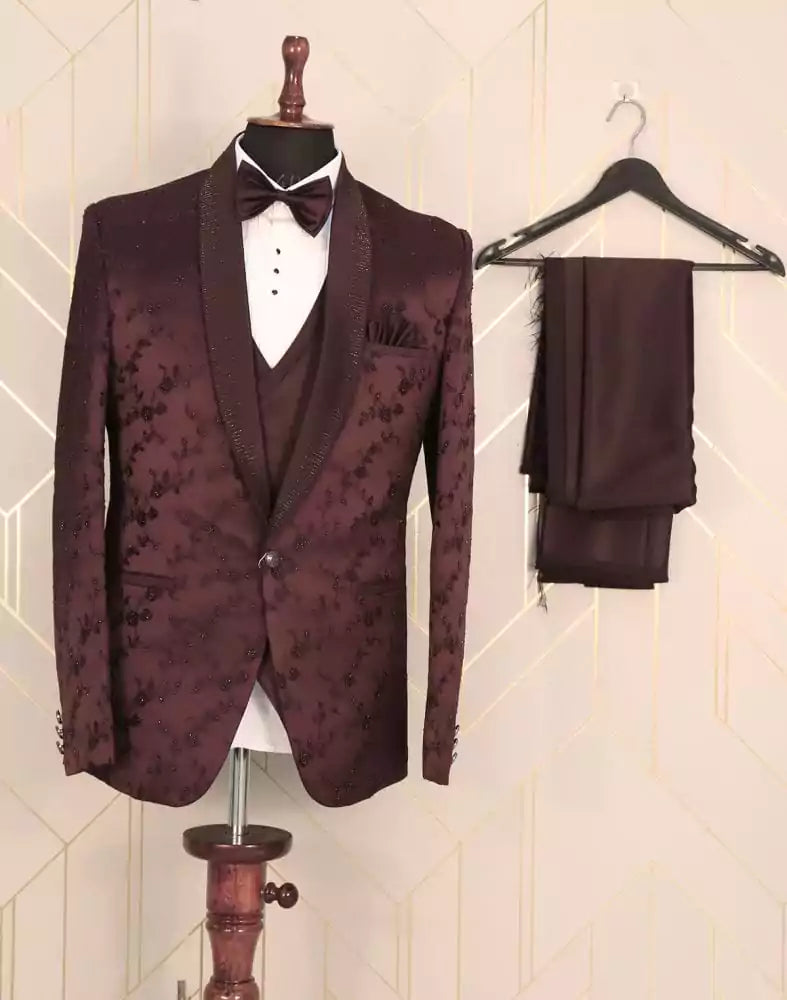 Image of Designer Maroon Floral Satin Beads Suit Set