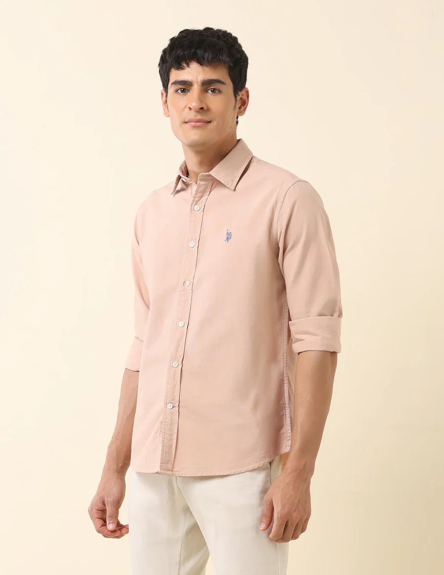 Image of Decent Light Peach Plain Cotton Tailored Fit Shirt - South India Shopping Mall