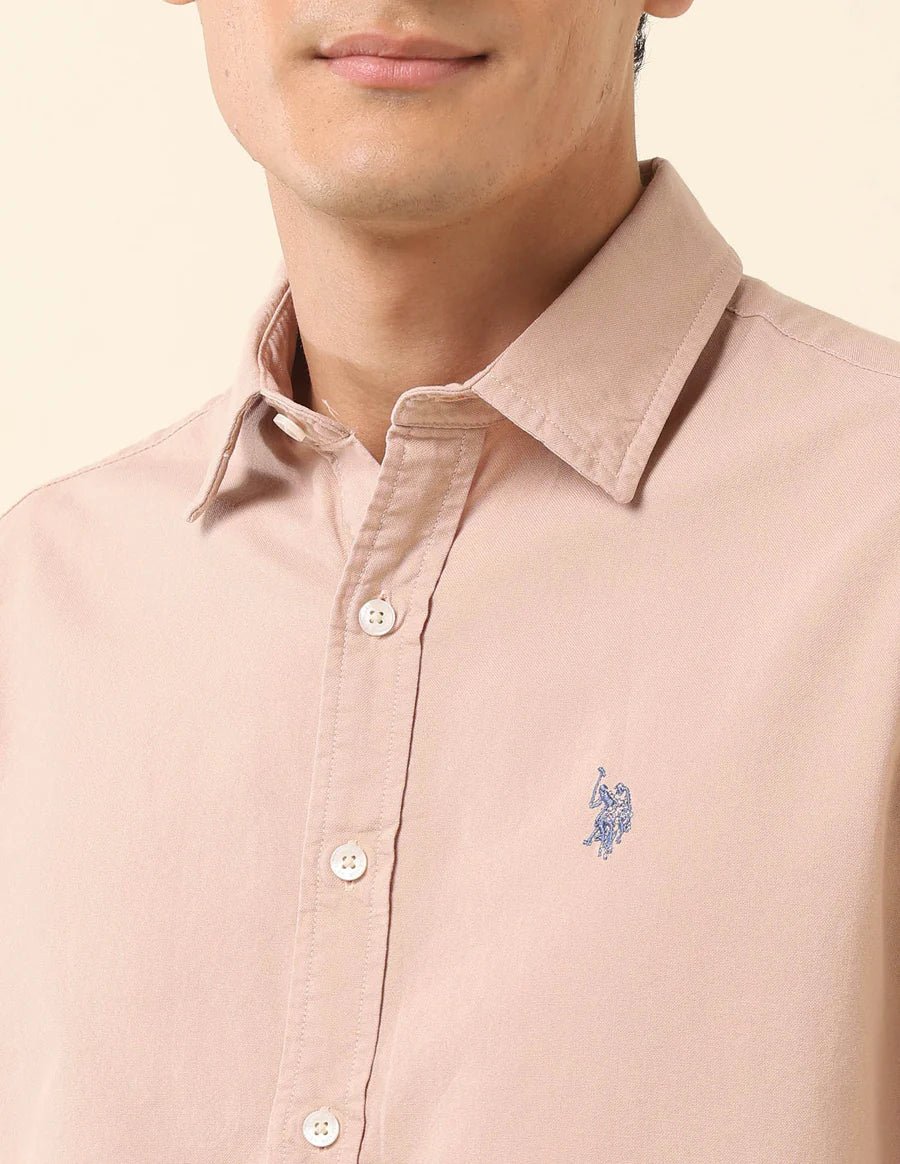 Decent Light Peach Plain Cotton Tailored Fit Shirt - South India Shopping Mall