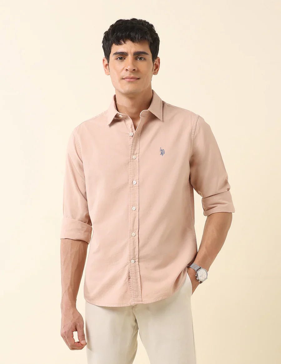 Image of Decent Light Peach Plain Cotton Tailored Fit Shirt - South India Shopping Mall