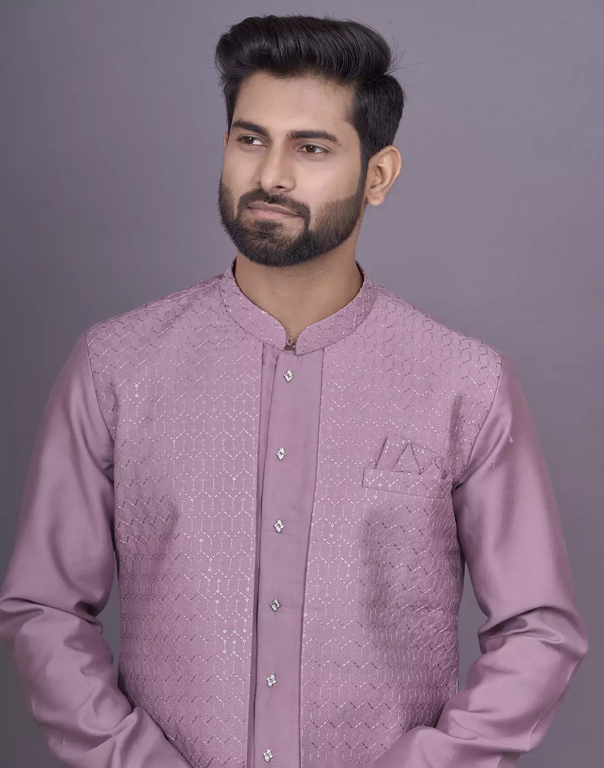 Image of Decent Onion Coloured Self Thread Embroidery work Soft Silk Kurta Jacket Set - South India Shopping Mall